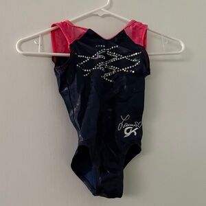Laurie Hernandez Navy and Pink Rhinestone Leotard